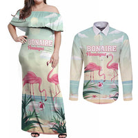 Personalised Bonaire Flamingos Couples Matching Off Shoulder Maxi Dress and Long Sleeve Button Shirt Summer Time Beach Concept