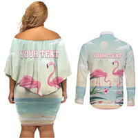 Personalised Bonaire Flamingos Couples Matching Off Shoulder Short Dress and Long Sleeve Button Shirt Summer Time Beach Concept