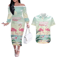 Personalised Bonaire Flamingos Couples Matching Off The Shoulder Long Sleeve Dress and Hawaiian Shirt Summer Time Beach Concept