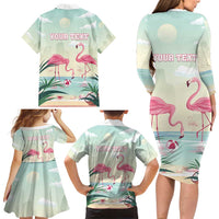 Personalised Bonaire Flamingos Family Matching Long Sleeve Bodycon Dress and Hawaiian Shirt Summer Time Beach Concept