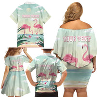 Personalised Bonaire Flamingos Family Matching Off Shoulder Short Dress and Hawaiian Shirt Summer Time Beach Concept