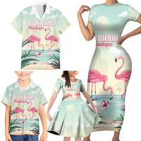 Personalised Bonaire Flamingos Family Matching Short Sleeve Bodycon Dress and Hawaiian Shirt Summer Time Beach Concept