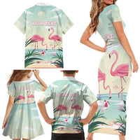 Personalised Bonaire Flamingos Family Matching Short Sleeve Bodycon Dress and Hawaiian Shirt Summer Time Beach Concept