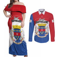 Personalised Saint Barthelemy Couples Matching Off Shoulder Maxi Dress and Long Sleeve Button Shirt Ouanalao Coat of Arms