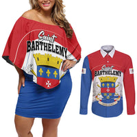 Personalised Saint Barthelemy Couples Matching Off Shoulder Short Dress and Long Sleeve Button Shirt Ouanalao Coat of Arms