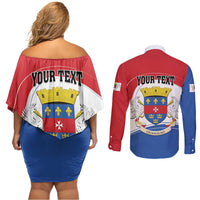 Personalised Saint Barthelemy Couples Matching Off Shoulder Short Dress and Long Sleeve Button Shirt Ouanalao Coat of Arms