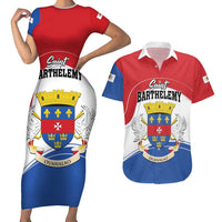 Personalised Saint Barthelemy Couples Matching Short Sleeve Bodycon Dress and Hawaiian Shirt Ouanalao Coat of Arms