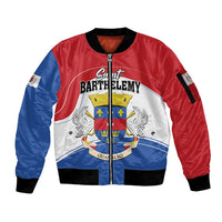 Personalised Saint Barthelemy Sleeve Zip Bomber Jacket Ouanalao Coat of Arms