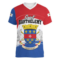 Personalised Saint Barthelemy Women V-Neck T-Shirt Ouanalao Coat of Arms