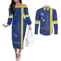 Personalised Curacao Couples Matching Off The Shoulder Long Sleeve Dress and Long Sleeve Button Shirt Pais Korsou Coat of Arms