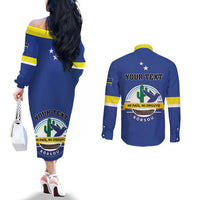 Personalised Curacao Couples Matching Off The Shoulder Long Sleeve Dress and Long Sleeve Button Shirt Pais Korsou Coat of Arms