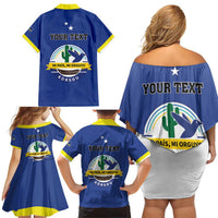Personalised Curacao Family Matching Off Shoulder Short Dress and Hawaiian Shirt Pais Korsou Coat of Arms