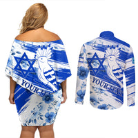 Israel Independence Day Couples Matching Off Shoulder Short Dress and Long Sleeve Button Shirt Hoopoe Bird With Magen David - Wonder Print Shop