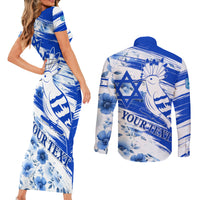 Israel Independence Day Couples Matching Short Sleeve Bodycon Dress and Long Sleeve Button Shirt Hoopoe Bird With Magen David - Wonder Print Shop