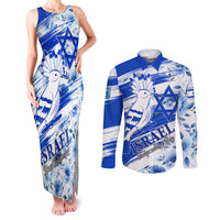 Israel Independence Day Couples Matching Tank Maxi Dress and Long Sleeve Button Shirt Hoopoe Bird With Magen David - Wonder Print Shop
