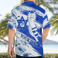 Blue and white Hawaiian shirt back view with hoopoe bird, Star of David, and “YOUR TEXT”