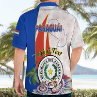 Blue and white short-sleeve Hawaiian shirt back with Paraguay emblem and Your Text area