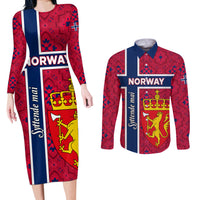 Norway Constitution Day Couples Matching Long Sleeve Bodycon Dress and Long Sleeve Button Shirt Norge Folk Pattern Flag Style - Wonder Print Shop