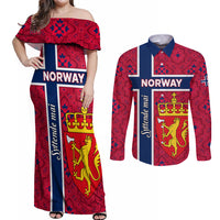 Norway Constitution Day Couples Matching Off Shoulder Maxi Dress and Long Sleeve Button Shirt Norge Folk Pattern Flag Style - Wonder Print Shop