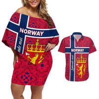 Norway Constitution Day Couples Matching Off Shoulder Short Dress and Hawaiian Shirt Norge Folk Pattern Flag Style - Wonder Print Shop