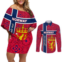 Norway Constitution Day Couples Matching Off Shoulder Short Dress and Long Sleeve Button Shirt Norge Folk Pattern Flag Style - Wonder Print Shop