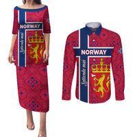 Norway Constitution Day Couples Matching Puletasi and Long Sleeve Button Shirt Norge Folk Pattern Flag Style - Wonder Print Shop