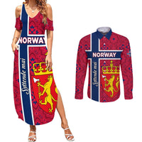 Norway Constitution Day Couples Matching Summer Maxi Dress and Long Sleeve Button Shirt Norge Folk Pattern Flag Style - Wonder Print Shop