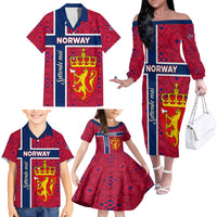 Norway Constitution Day Family Matching Off Shoulder Long Sleeve Dress and Hawaiian Shirt Norge Folk Pattern Flag Style - Wonder Print Shop