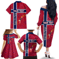 Norway Constitution Day Family Matching Off Shoulder Long Sleeve Dress and Hawaiian Shirt Norge Folk Pattern Flag Style - Wonder Print Shop