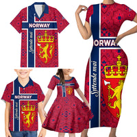 Norway Constitution Day Family Matching Short Sleeve Bodycon Dress and Hawaiian Shirt Norge Folk Pattern Flag Style - Wonder Print Shop