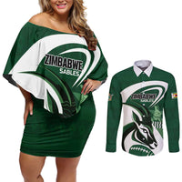 Custom Rugby Zimbabwe Couples Matching Off Shoulder Short Dress and Long Sleeve Button Shirt Sables Is The Champion - Wonder Print Shop