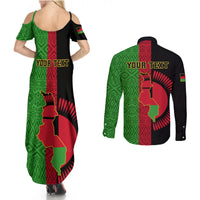 Personalised Malawi Couples Matching Summer Maxi Dress and Long Sleeve Button Shirts With Coat Of Arms Mix African Pattern - Wonder Print Shop