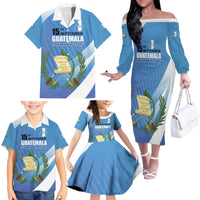 Guatemala Independence Day 1821 Family Matching Off The Shoulder Long Sleeve Dress and Hawaiian Shirt Libre crezca fecundo - Wonder Print Shop