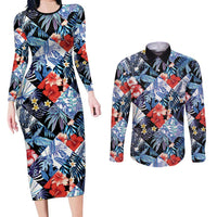 Hawaii Tropicana Blue Pattern Couples Matching Long Sleeve Bodycon Dress and Long Sleeve Button Shirt - Wonder Print Shop