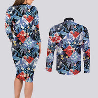 Hawaii Tropicana Blue Pattern Couples Matching Long Sleeve Bodycon Dress and Long Sleeve Button Shirt - Wonder Print Shop