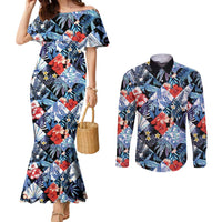 Hawaii Tropicana Blue Pattern Couples Matching Mermaid Dress and Long Sleeve Button Shirt - Wonder Print Shop