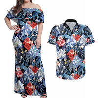 Hawaii Tropicana Blue Pattern Couples Matching Off Shoulder Maxi Dress and Hawaiian Shirt - Wonder Print Shop