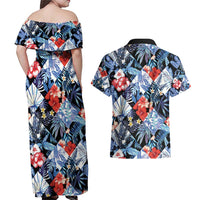 Hawaii Tropicana Blue Pattern Couples Matching Off Shoulder Maxi Dress and Hawaiian Shirt - Wonder Print Shop