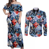 Hawaii Tropicana Blue Pattern Couples Matching Off Shoulder Maxi Dress and Long Sleeve Button Shirt - Wonder Print Shop