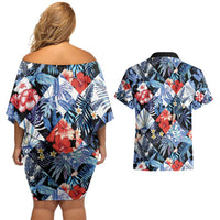 Hawaii Tropicana Blue Pattern Couples Matching Off Shoulder Short Dress and Hawaiian Shirt - Wonder Print Shop