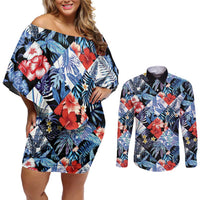 Hawaii Tropicana Blue Pattern Couples Matching Off Shoulder Short Dress and Long Sleeve Button Shirt - Wonder Print Shop