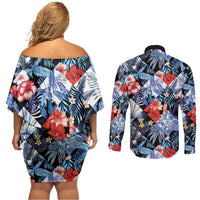 Hawaii Tropicana Blue Pattern Couples Matching Off Shoulder Short Dress and Long Sleeve Button Shirt - Wonder Print Shop