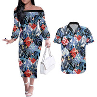 Hawaii Tropicana Blue Pattern Couples Matching Off The Shoulder Long Sleeve Dress and Hawaiian Shirt - Wonder Print Shop