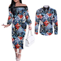 Hawaii Tropicana Blue Pattern Couples Matching Off The Shoulder Long Sleeve Dress and Long Sleeve Button Shirt - Wonder Print Shop