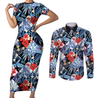 Hawaii Tropicana Blue Pattern Couples Matching Short Sleeve Bodycon Dress and Long Sleeve Button Shirt - Wonder Print Shop