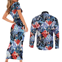 Hawaii Tropicana Blue Pattern Couples Matching Short Sleeve Bodycon Dress and Long Sleeve Button Shirt - Wonder Print Shop
