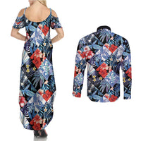 Hawaii Tropicana Blue Pattern Couples Matching Summer Maxi Dress and Long Sleeve Button Shirt - Wonder Print Shop