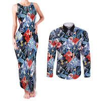 Hawaii Tropicana Blue Pattern Couples Matching Tank Maxi Dress and Long Sleeve Button Shirt - Wonder Print Shop
