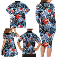 Hawaii Tropicana Blue Pattern Family Matching Long Sleeve Bodycon Dress and Hawaiian Shirt - Wonder Print Shop