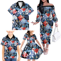 Hawaii Tropicana Blue Pattern Family Matching Off The Shoulder Long Sleeve Dress and Hawaiian Shirt - Wonder Print Shop